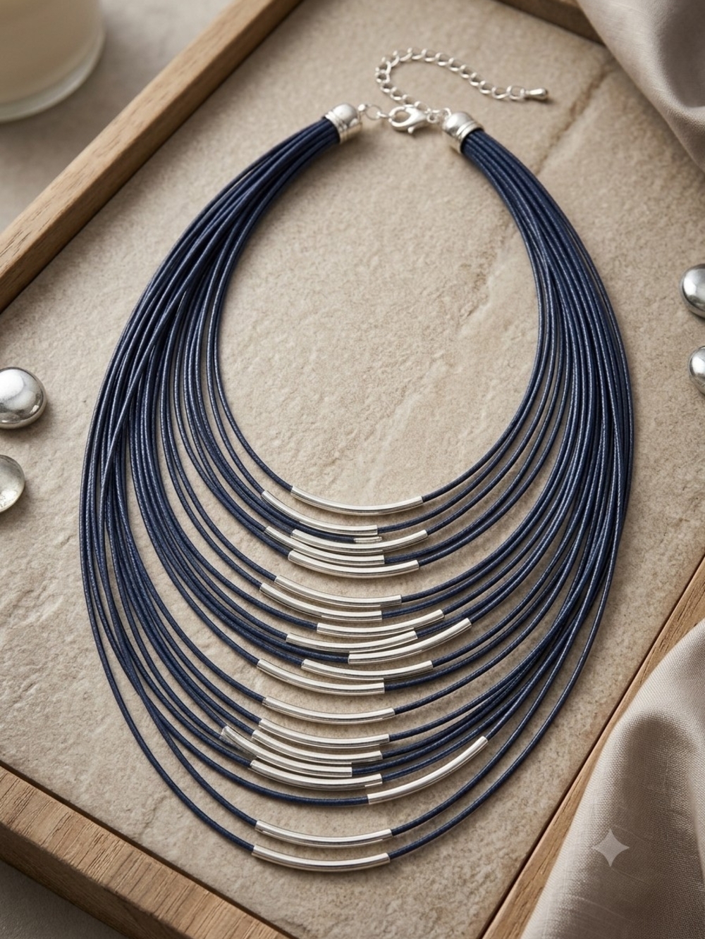 Multi-Strand Navy and Silver Statement Necklace - Women Jewelry